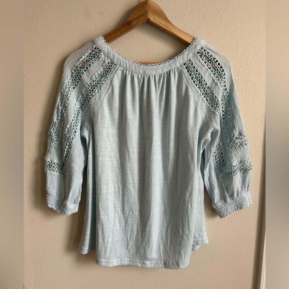 Skies Are Blue Crochet Trim Knit Top Baby Blue Size S Small - Picture 9 of 9